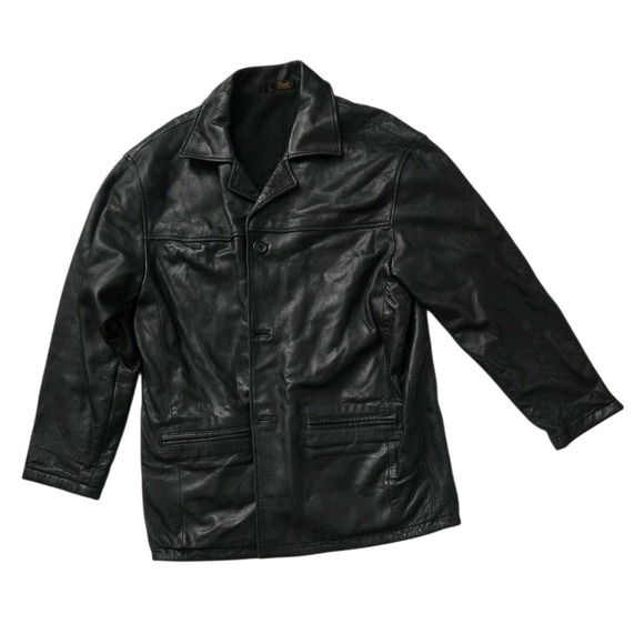 Reed Sportswear Black Leather Car Coat Mens Medium Vintage Walking Jacket Wool